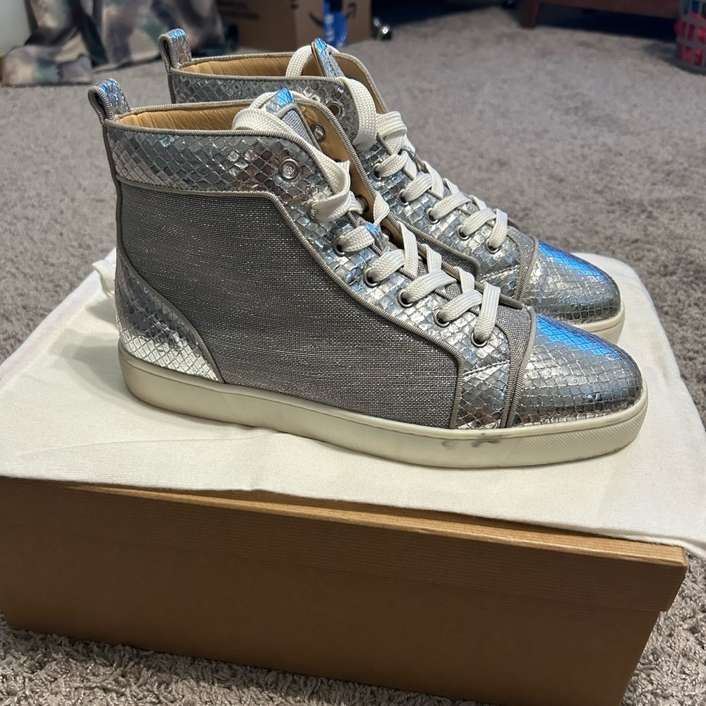 Christian Louboutin Louis Flat Silver and White Sneakers